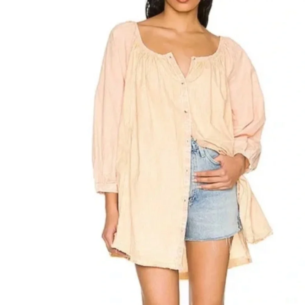 Free People Size Small Striped Button Front Oxford Swing‎ Tunic in Golden Combo
